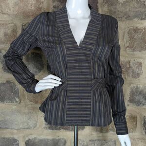 United Color Of Benetton Gray Striped‎ Tunic Top Size Small Rear Tie V-Neck Y2K